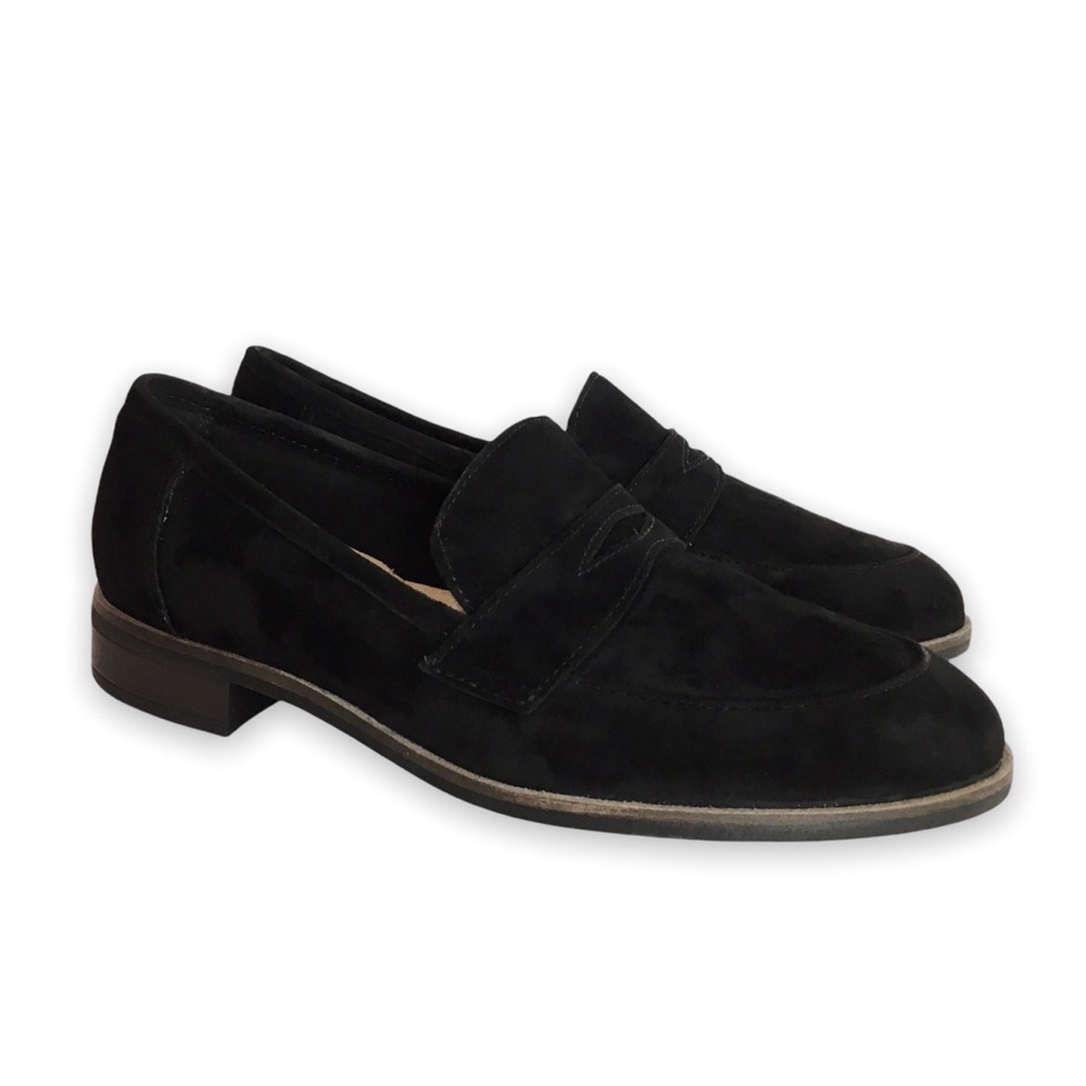 6W 6 WIDE Clarks Trish Rose Penny Loafer Black Suede Leather Slip On Shoes NEW